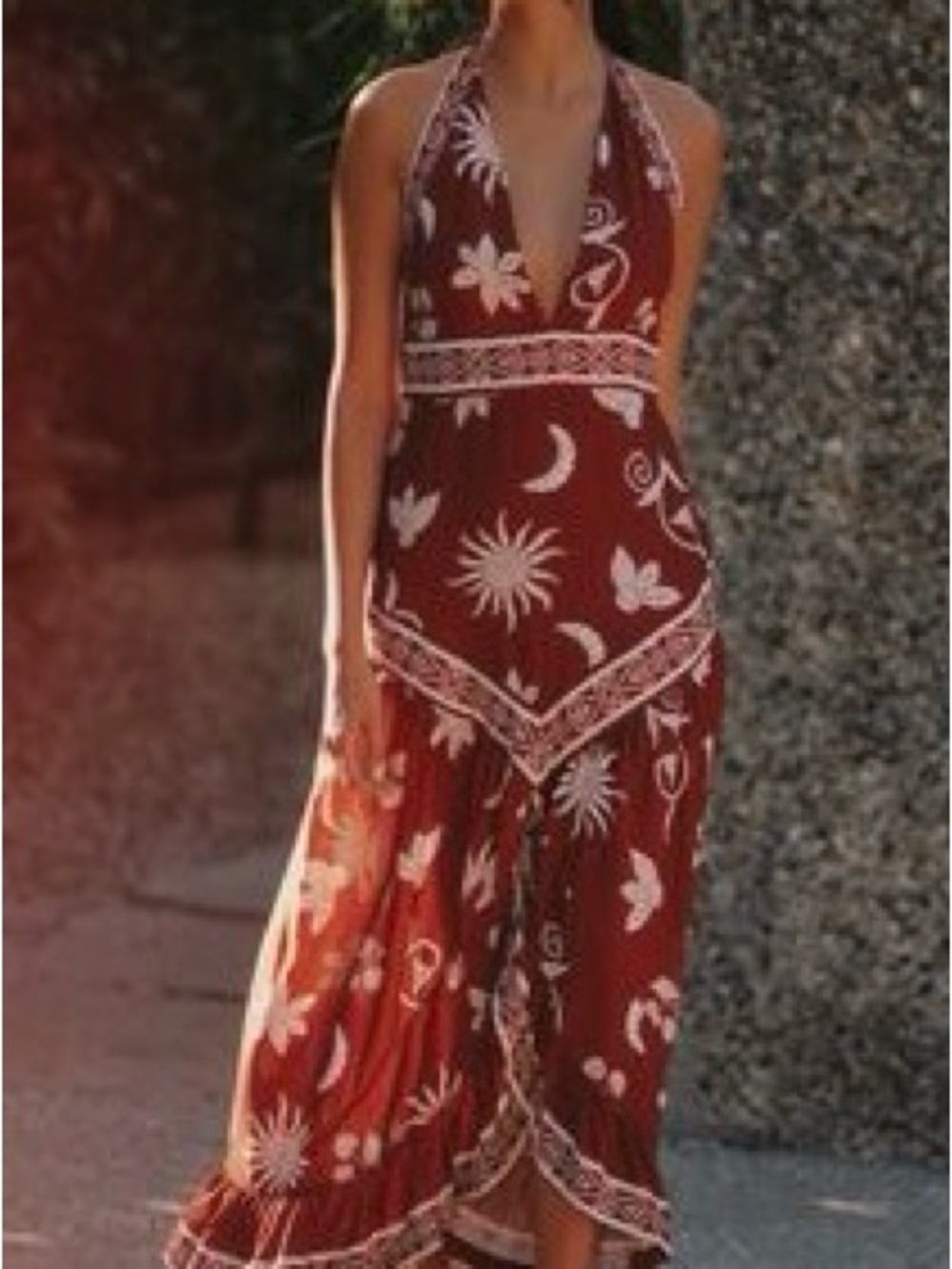 Anthropologie Rust Halter Maxi Dress with White Celestial Print